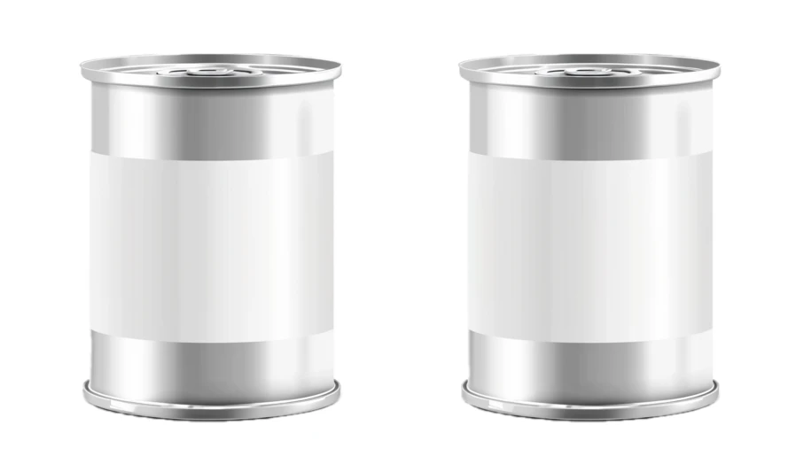 Two blank silver tin cans with white labels