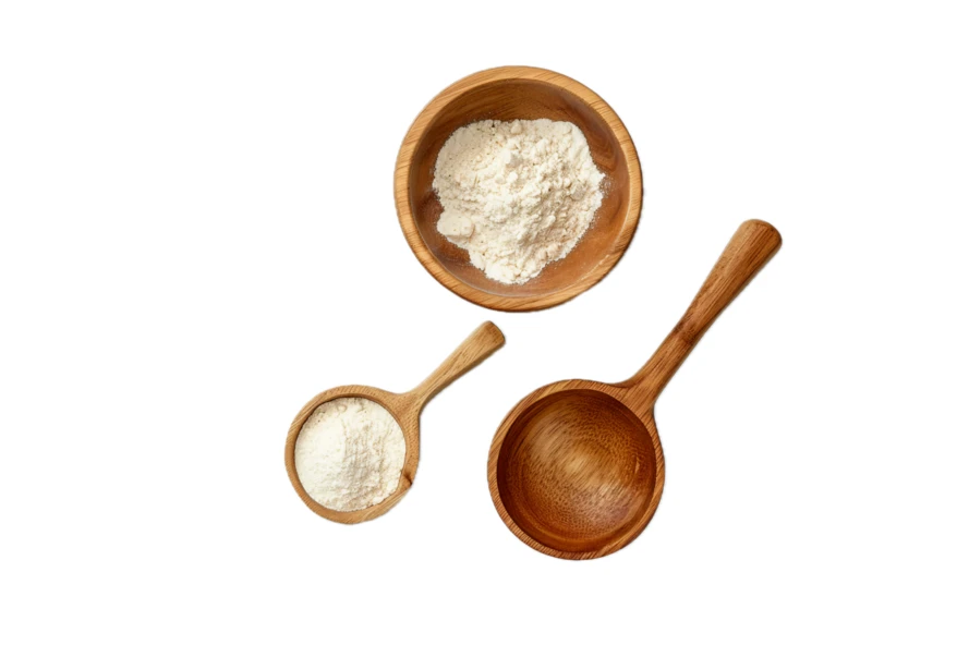 White flour in wooden bowl and spoons on white background