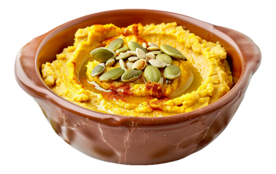 Pumpkin hummus dip topped with seeds in ceramic bowl