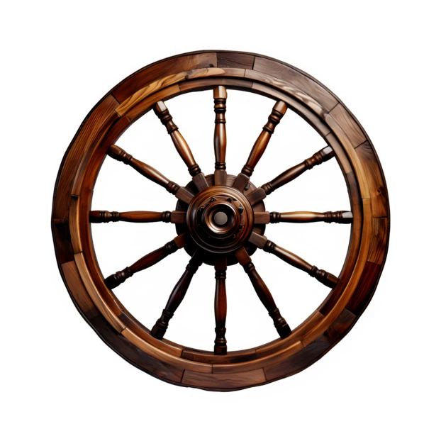 Antique wooden wagon wheel isolated on white background