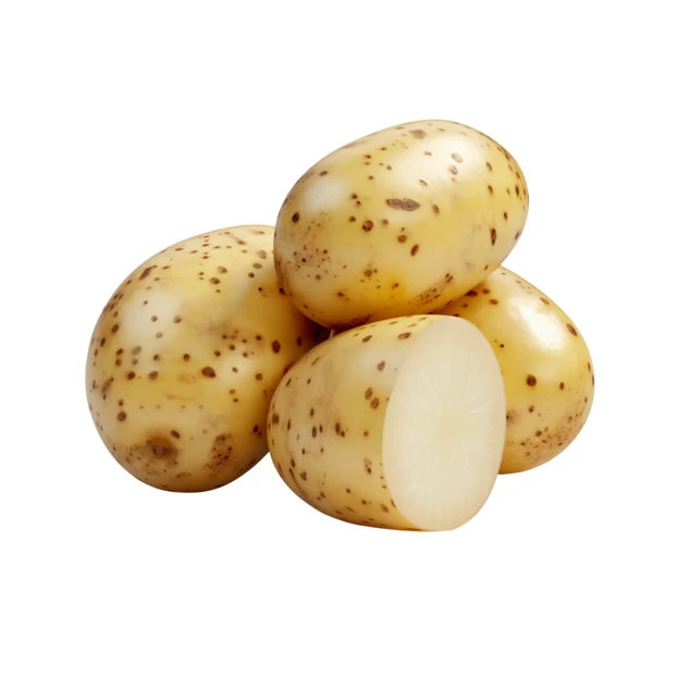 Fresh raw whole and halved baby potatoes on white background
