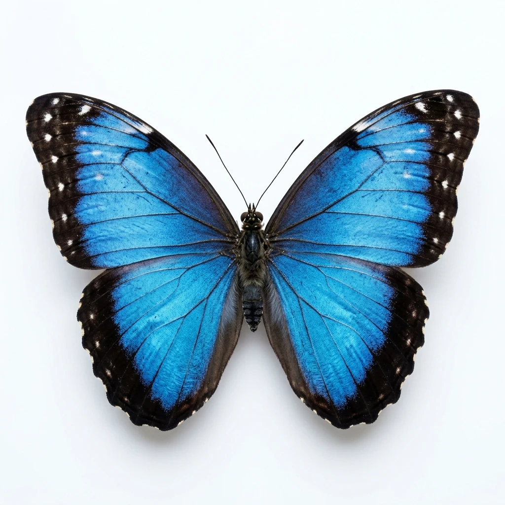 Blue morpho butterfly with spread wings on white background