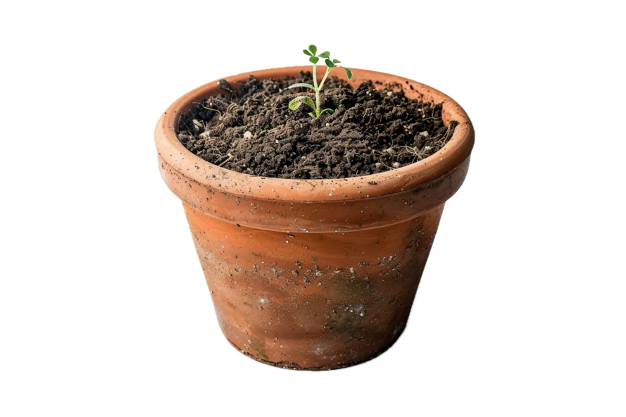 Small green seedling growing in a weathered terracotta pot