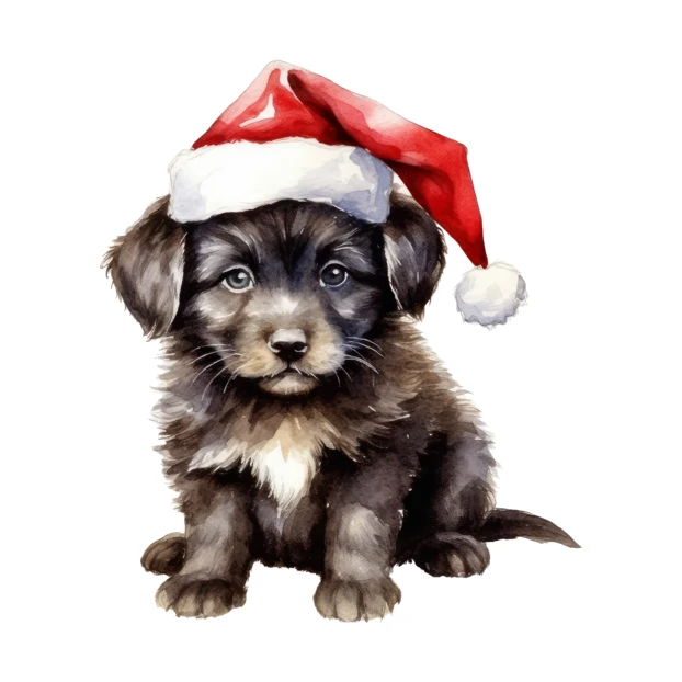 Watercolor puppy wearing a Santa hat isolated on white