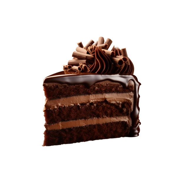 Slice of rich chocolate layer cake isolated on white