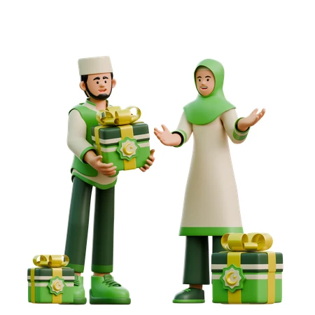 3D Muslim couple celebrating Eid with green gift boxes