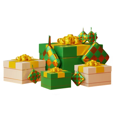 Eid Mubarak gift boxes with ketupat decorations on white background