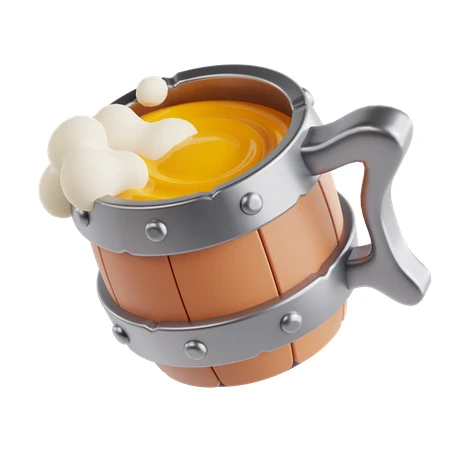 3D stylized wooden beer mug with foam isolated on white