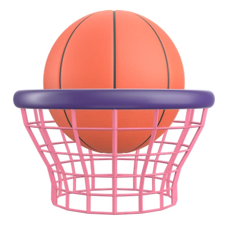 3D render of basketball falling through colorful hoop