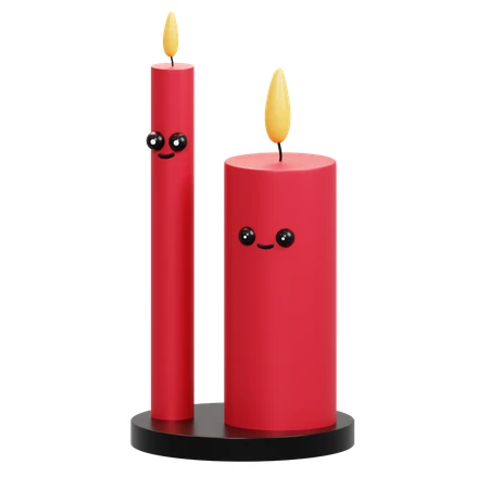 Two cute red candles with faces on white background