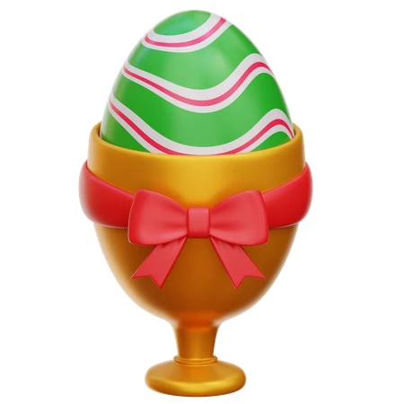 3D green striped Easter egg in golden cup with bow