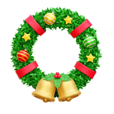 3D Christmas wreath with gold bells and colorful ornaments