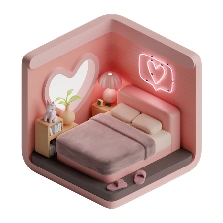 3D isometric cute pink bedroom with heart window and neon