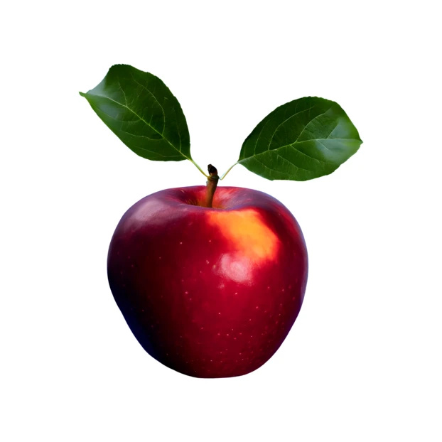 Red apple with green leaves isolated on white background