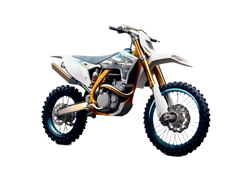 Modern white and gold motocross dirt bike isolated on white