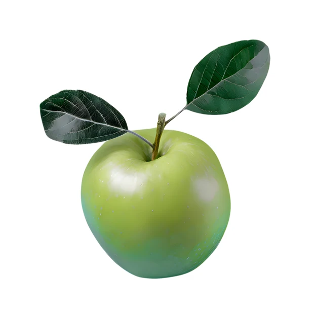 Single green apple with leaves isolated on white background