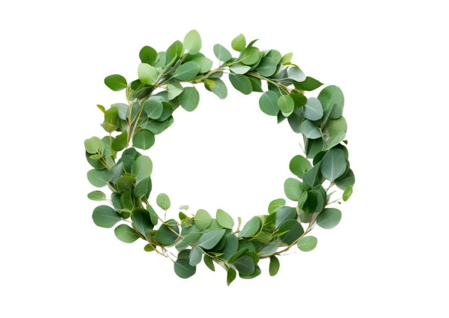Circular eucalyptus leaf wreath isolated on white background