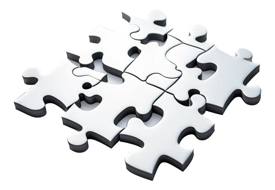 Interlocking 3D jigsaw puzzle pieces on a white background