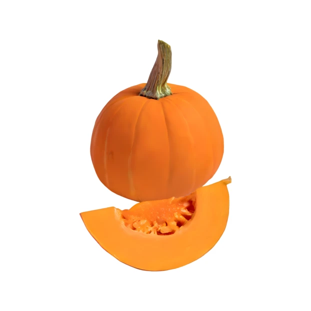 Whole orange pumpkin with a fresh slice on white background