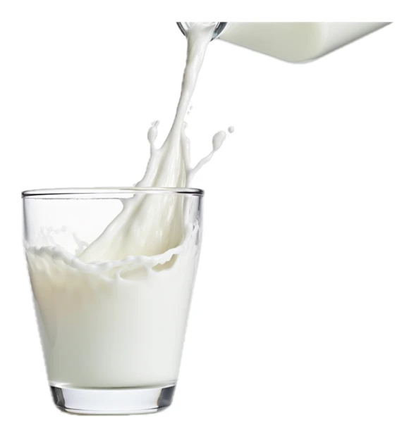 Pouring fresh milk into a glass against white background