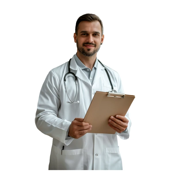 Male doctor with stethoscope holding clipboard isolated on white background