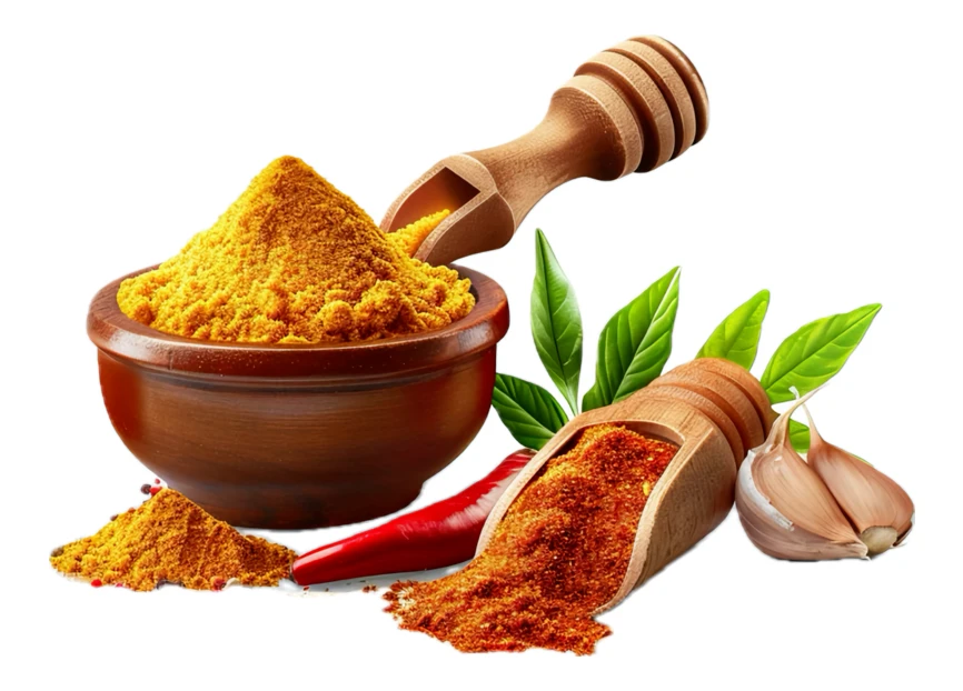 Assorted spices with turmeric, chili powder, and garlic cloves