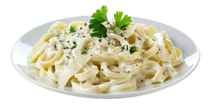 Fettuccine alfredo pasta with creamy sauce on white background