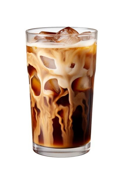 Iced coffee with milk swirls isolated on white background