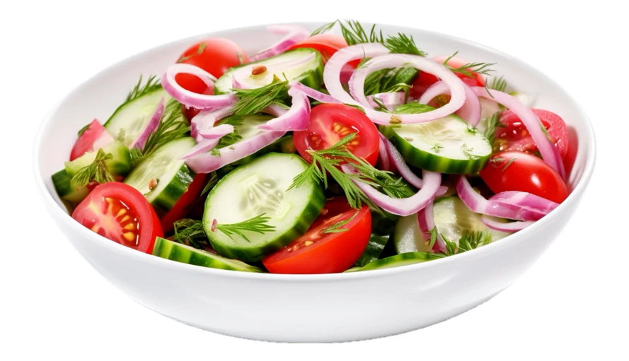 Fresh cucumber tomato and red onion salad in white bowl
