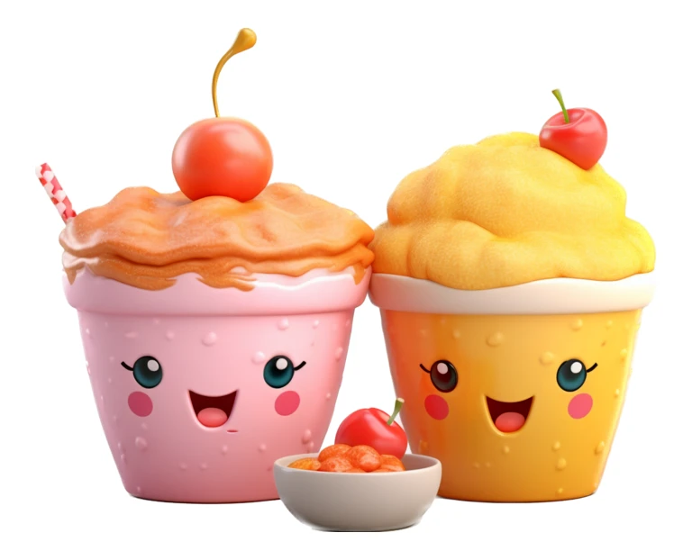 Kawaii 3D dessert characters with smiley faces and cherries