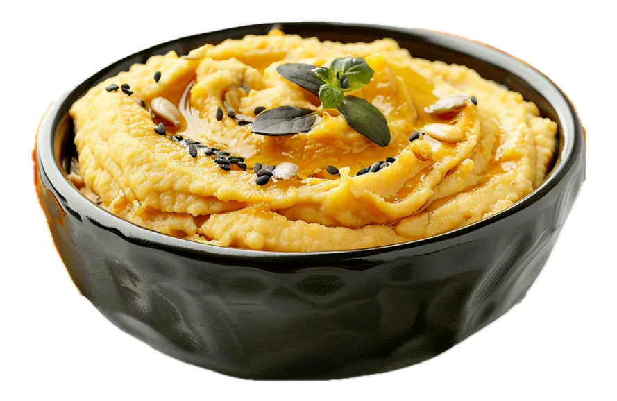 Bowl of fresh chickpea hummus with olive oil and seeds