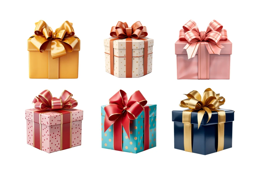 Set of colorful gift boxes with bows on white background