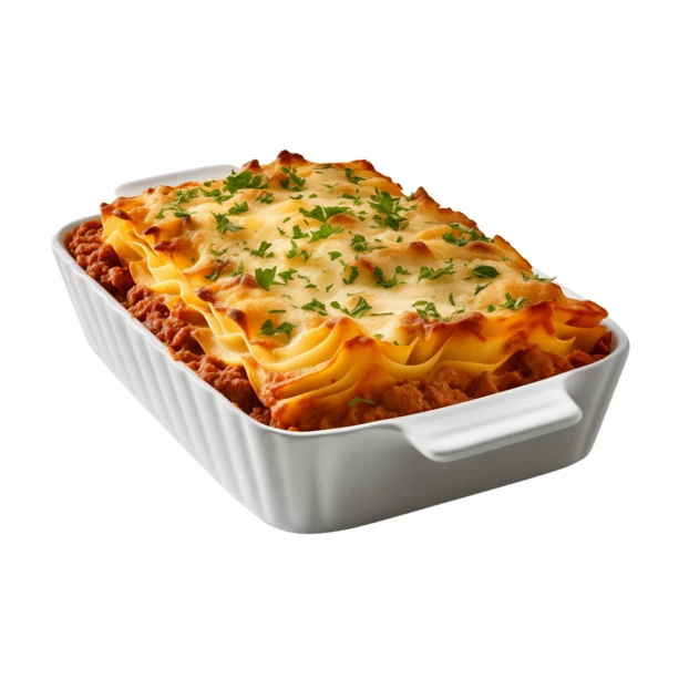 Classic meat lasagna with melted cheese in baking dish