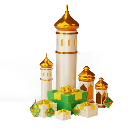 3D rendered Islamic minarets with gift boxes and ketupat