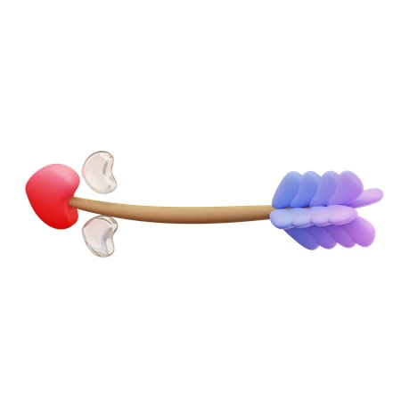 3D Cupid's arrow with red heart tip and purple feathers
