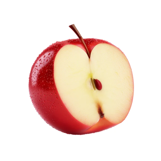 Fresh red apple slice with water droplets isolated on white