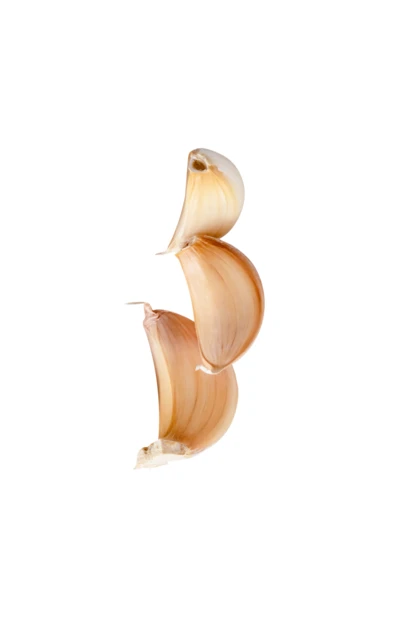 Three fresh garlic cloves falling isolated on white background