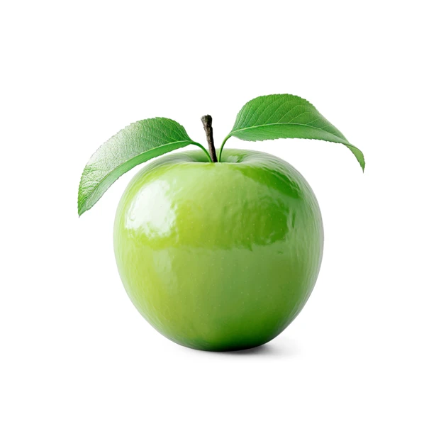 Fresh green apple with leaves isolated on white background