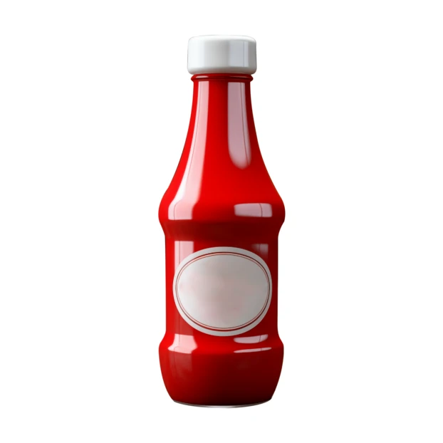 Red tomato ketchup bottle with blank label on white background