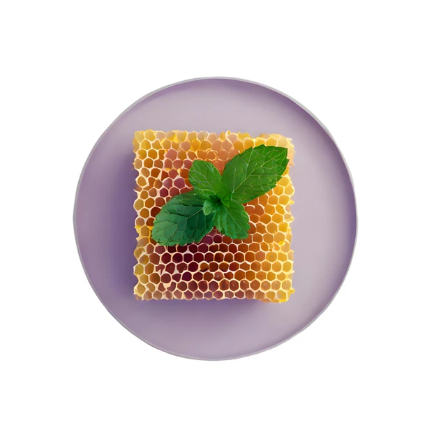 Square piece of fresh honeycomb with mint on purple plate