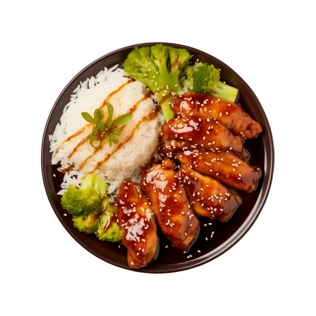 Chicken teriyaki with rice and broccoli isolated on white