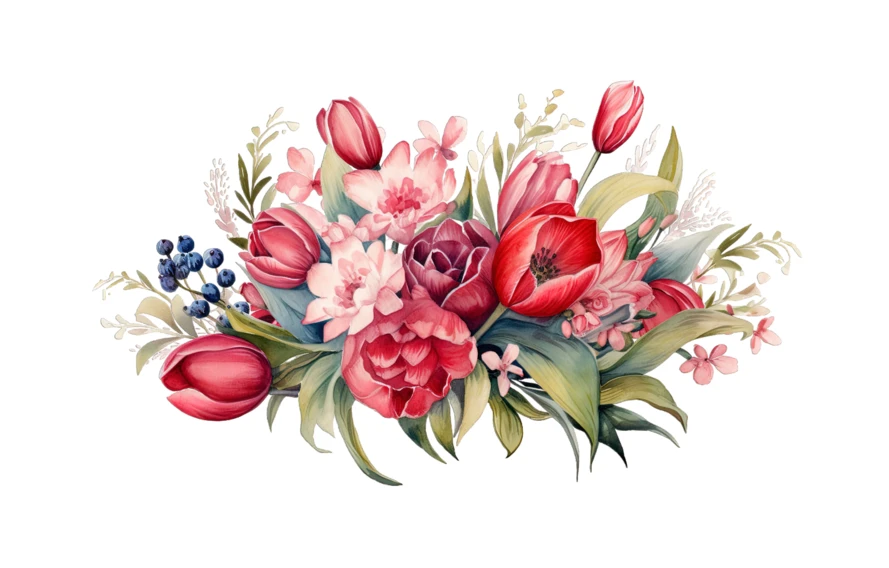 Watercolor floral bouquet with red tulips and pink flowers