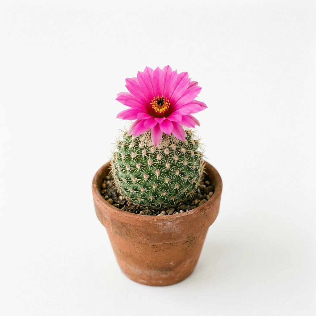 Blooming pink cactus flower in terracotta pot on white background