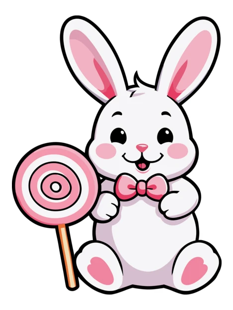 Cute cartoon bunny with a pink lollipop and bowtie