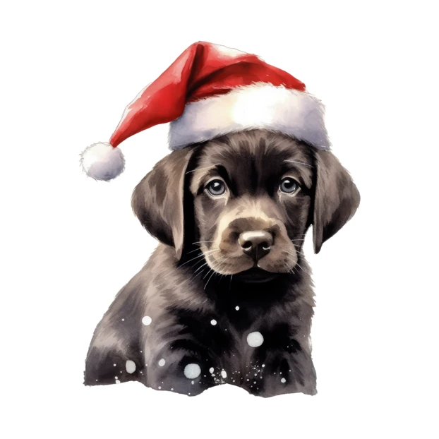 Watercolor black Labrador puppy wearing a red Santa hat