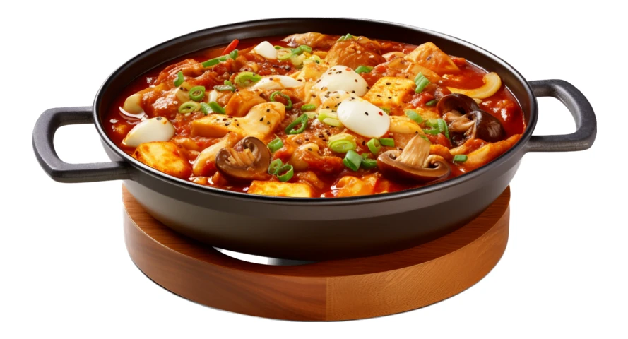 Spicy Korean stir-fry with mushrooms and quail eggs isolated