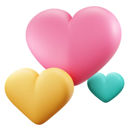 Three colorful 3D hearts isolated on white background