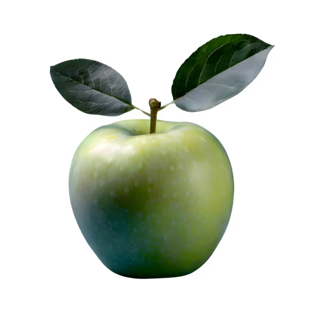 Fresh green apple with leaves isolated on white background