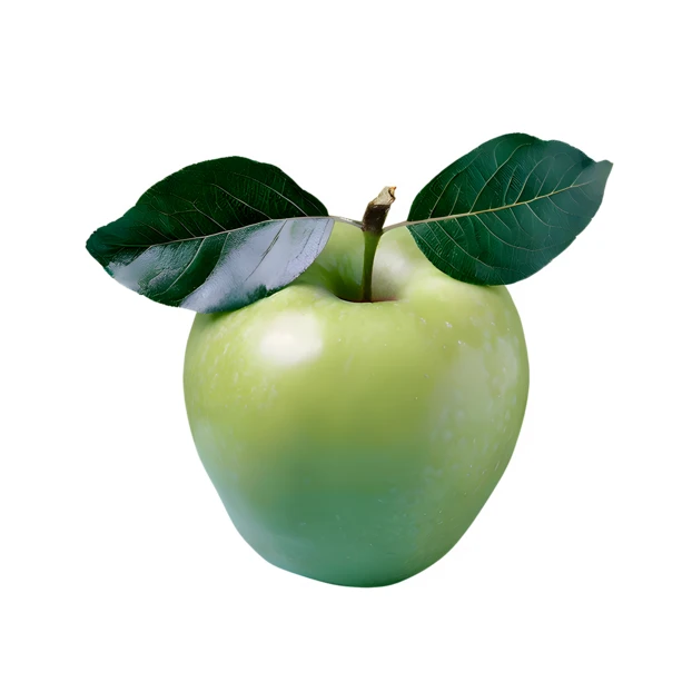 Fresh green apple with leaves isolated on white background