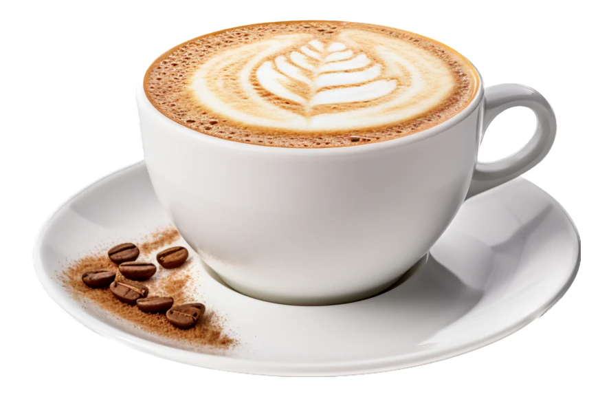 Cappuccino with latte art and coffee beans isolated on white